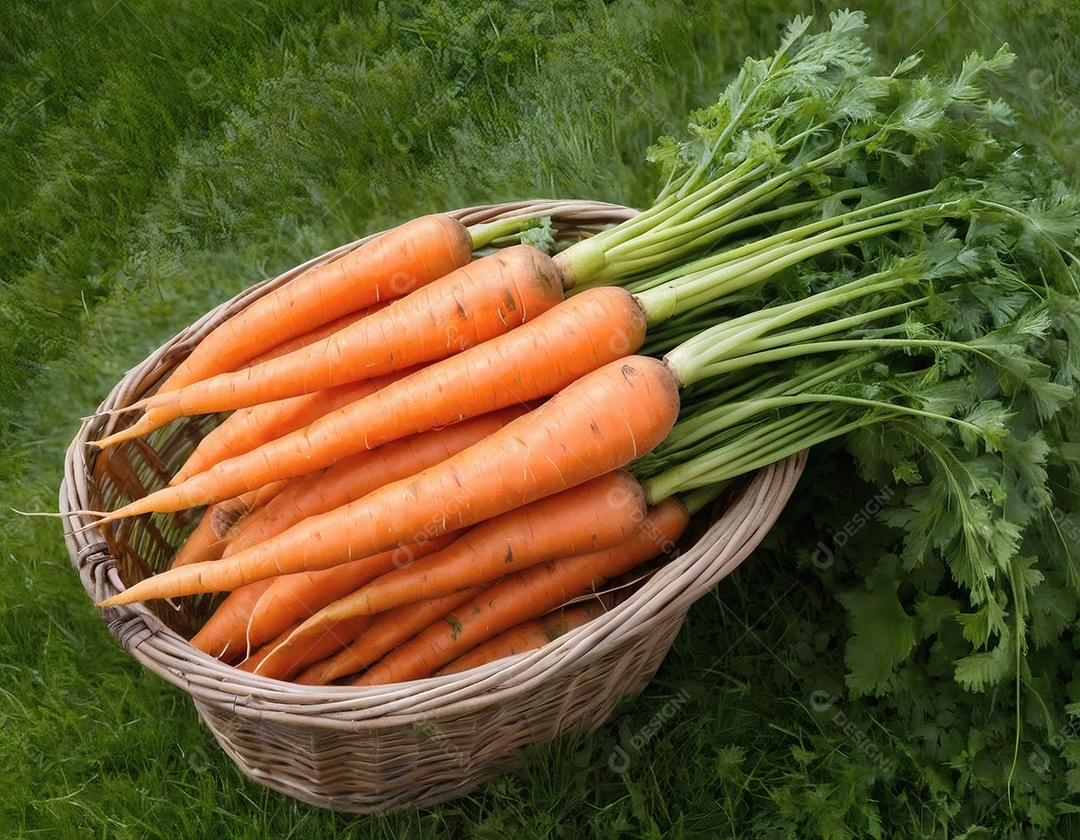 Cenouras dentro de uma cesta de vime em um campo