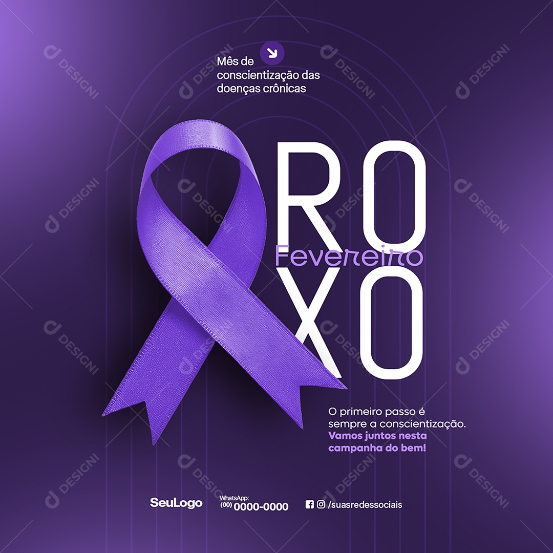 Fevereiro Roxo Mês de Apoiar e Conscientizar Sobre Doenças Invisíveis Social Media PSD Editável