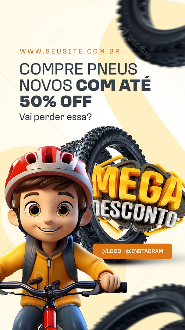 Story Mega Desconto Loja de Bicicleta Pneus Social Media PSD Editável