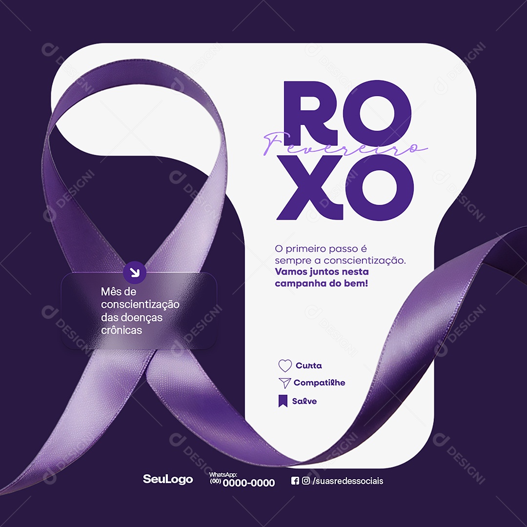 Fevereiro Roxo Mês de Apoiar e Conscientizar Sobre Doenças Invisíveis Social Media PSD Editável