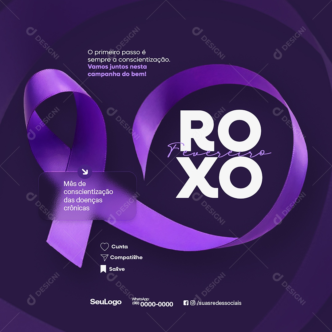 Fevereiro Roxo Mês de Apoiar e Conscientizar Sobre Doenças Invisíveis Social Media PSD Editável