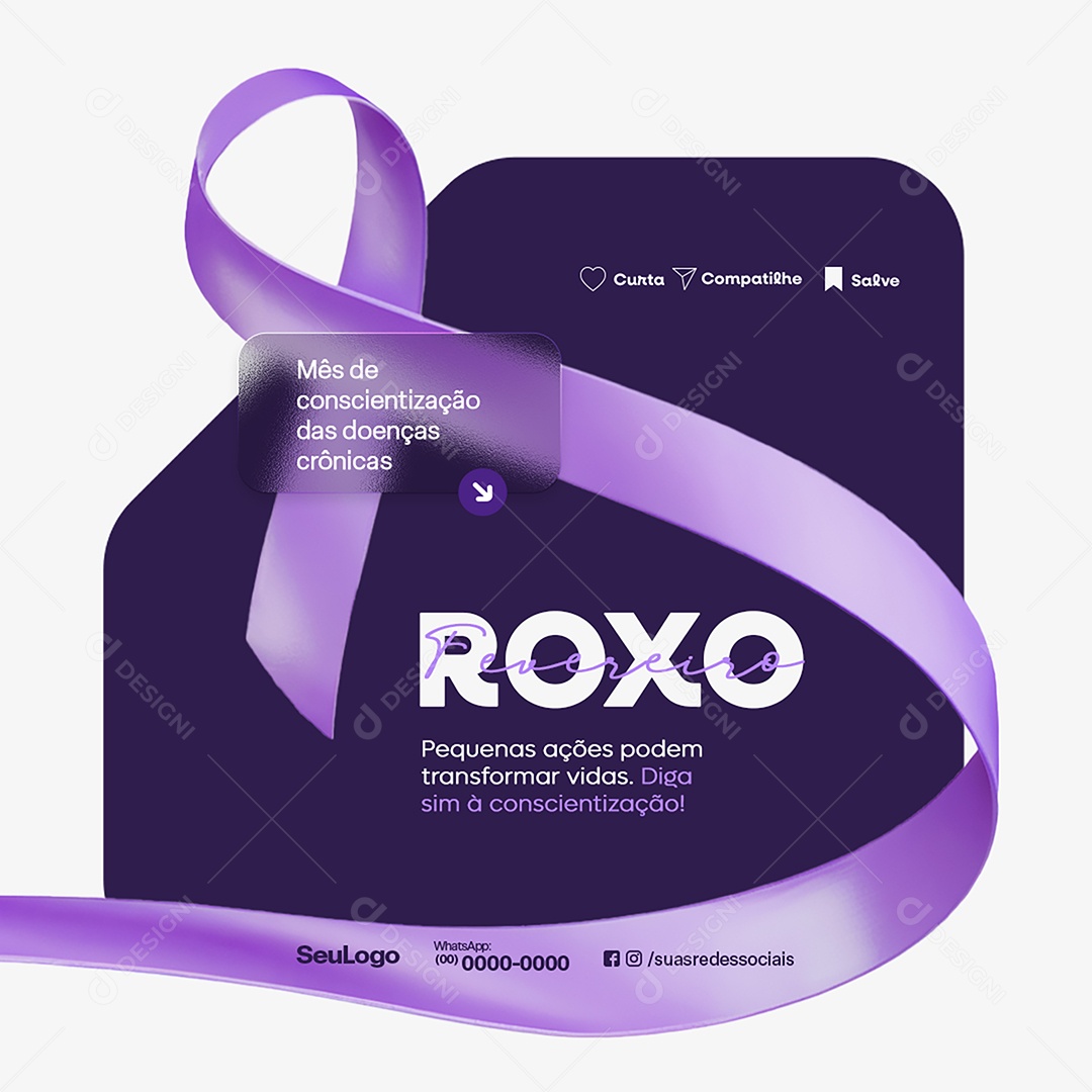 Fevereiro Roxo Mês de Apoiar e Conscientizar Sobre Doenças Invisíveis Social Media PSD Editável