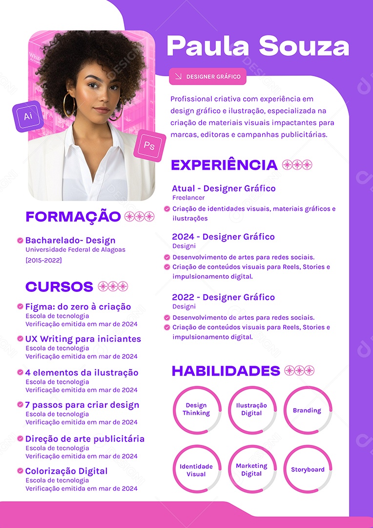 Modelo de Currículo Paula Souza Designer Gráfico PSD Editável