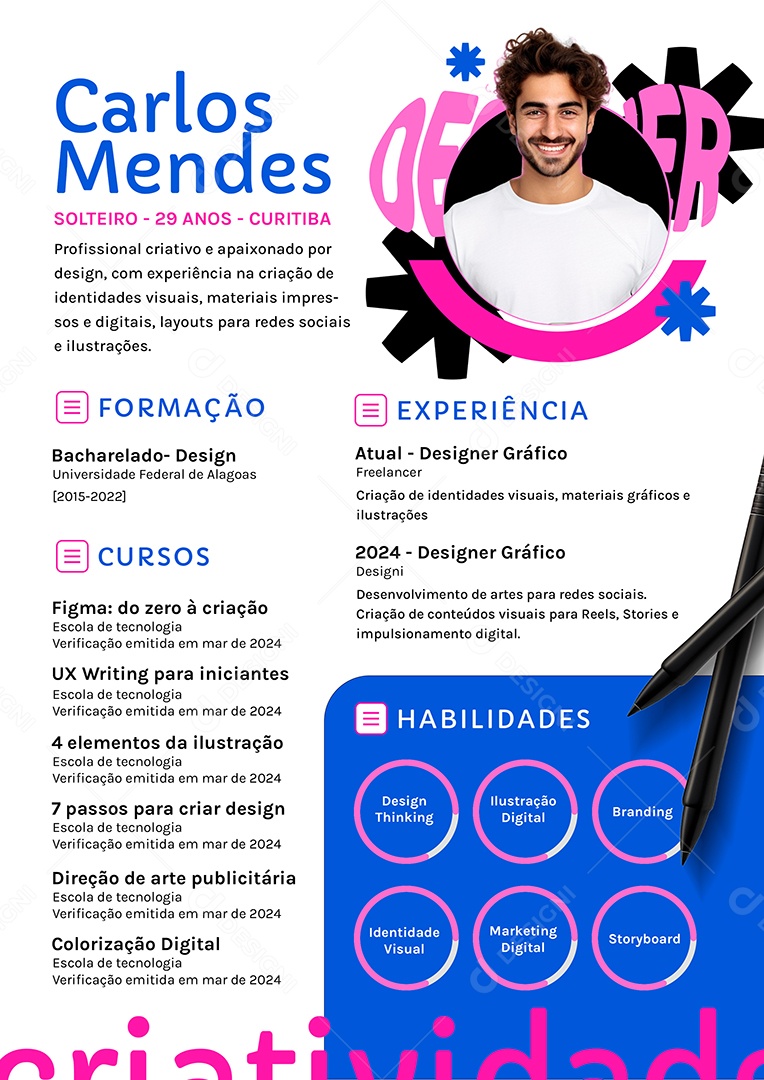 Modelo de Currículo Carlos Mendes Designer Gráfico PSD Editável