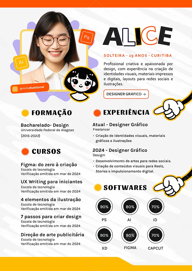 Modelo de Currículo Alice Designer Gráfico PSD Editável