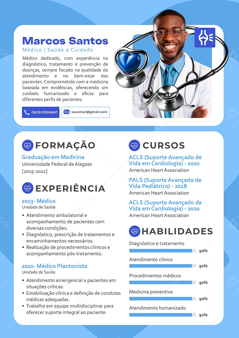 Modelo de Currículo Marcos Santos Médico Saúde e Cuidado PSD Editável