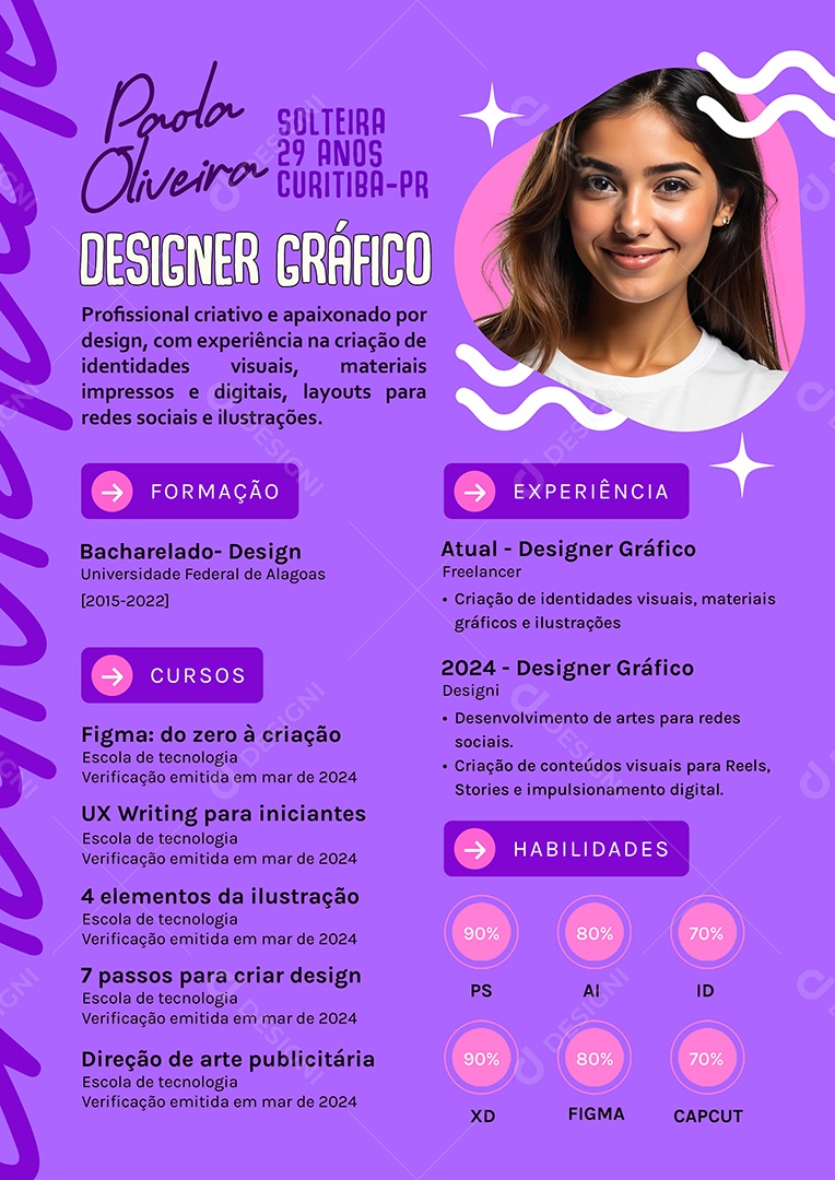 Modelo de Currículo Paola Oliveira Designer Gráfico PSD Editável