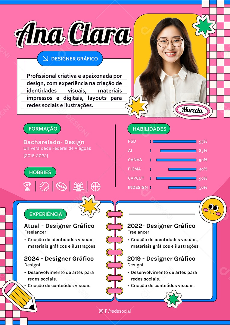 Modelo de Currículo Ana Clara Designer Gráfico PSD Editável