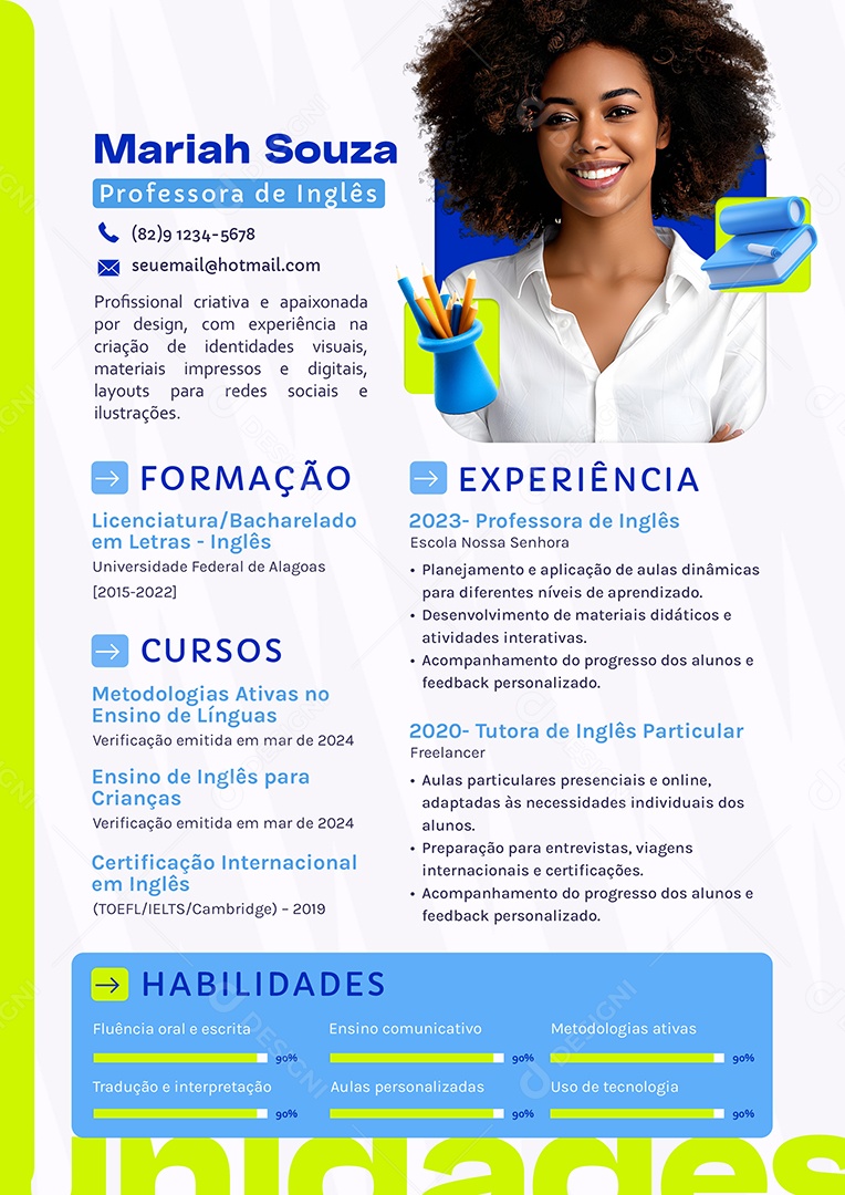 Modelo de Currículo Mariah Soyza Professora de Inglês PSD Editável