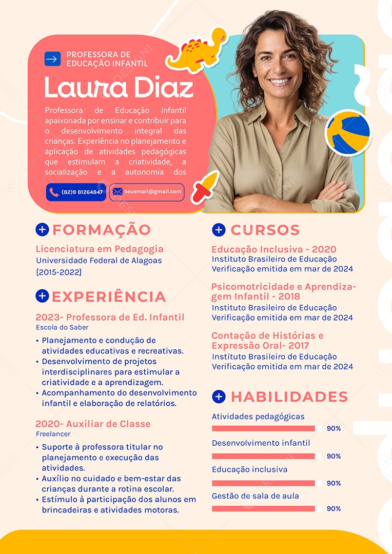 Modelo de Currículo Professora de Educação Infantil Laura Diz PSD Editável
