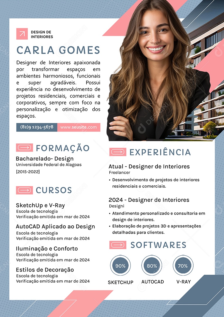 Modelo de Currículo Design  de Interiores Carla Gomes PSD Editável