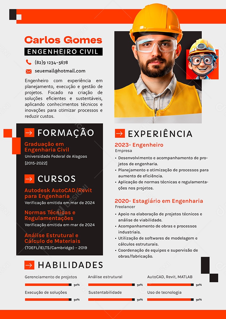 Modelo de Currículo Carlos Gomes Engenheiro Civil PSD Editável