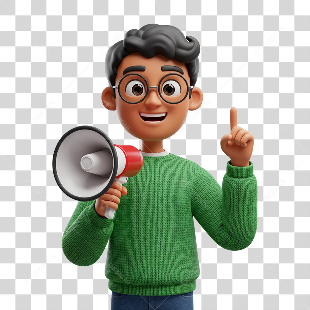 Personagem 3D com Megafone Anunciando Ofertas PNG Transparente