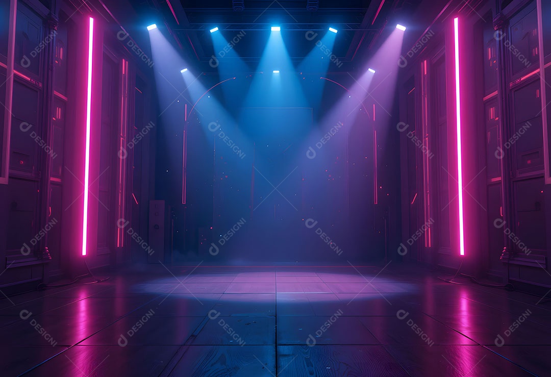 Palco de show bem iluminado e holofotes no teto