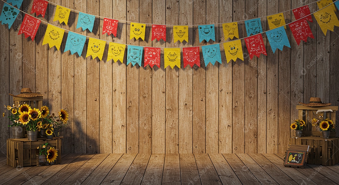 Guirlanda festiva de bandeirinhas coloridas penduradas em um fundo rústico de madeira