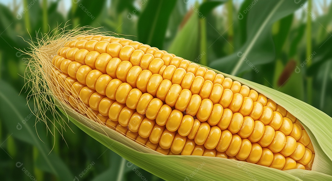 Uma espiga de milho madura ainda parcialmente envolta em sua casca verde