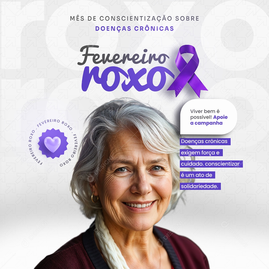 Fevereiro Roxo Mês de Conscientização Sobre Doenças Crônicas Social Media PSD Editável