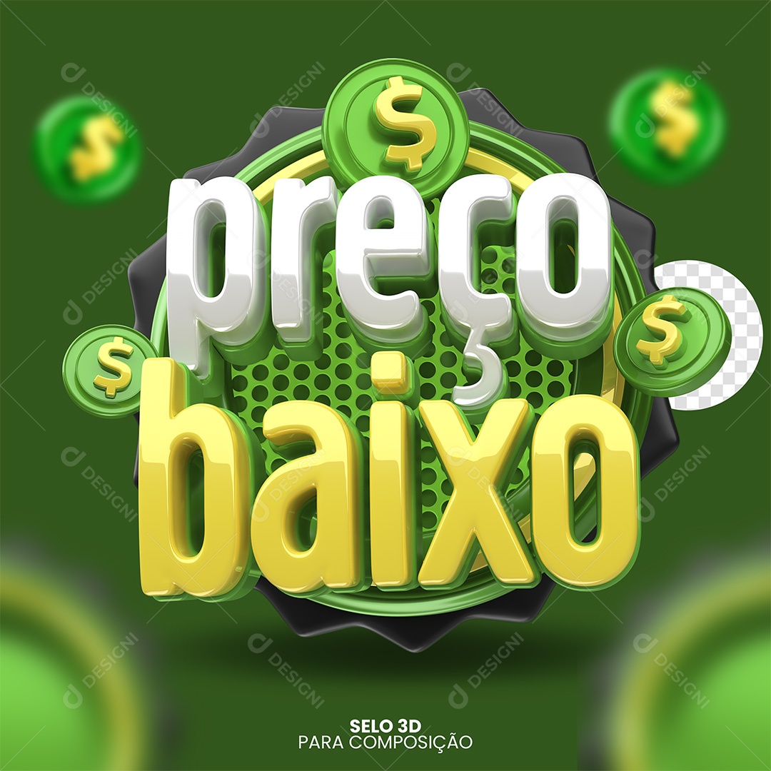 Preço Baixo Selo 3D Verde e Amarelo para Composição PSD