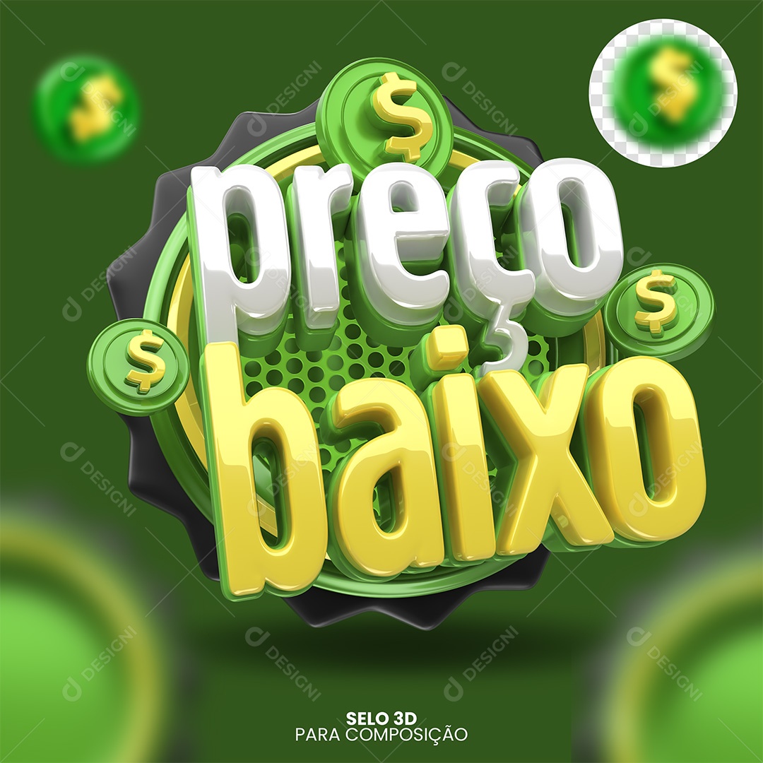 Preço Baixo Selo 3D Verde e Amarelo para Composição PSD