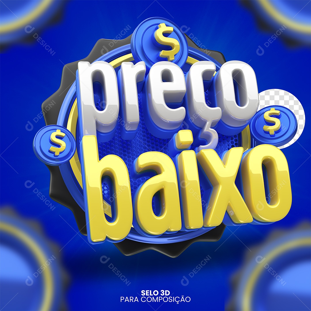 Preço Baixo Selo 3D Azul e Amarelo para Composição PSD