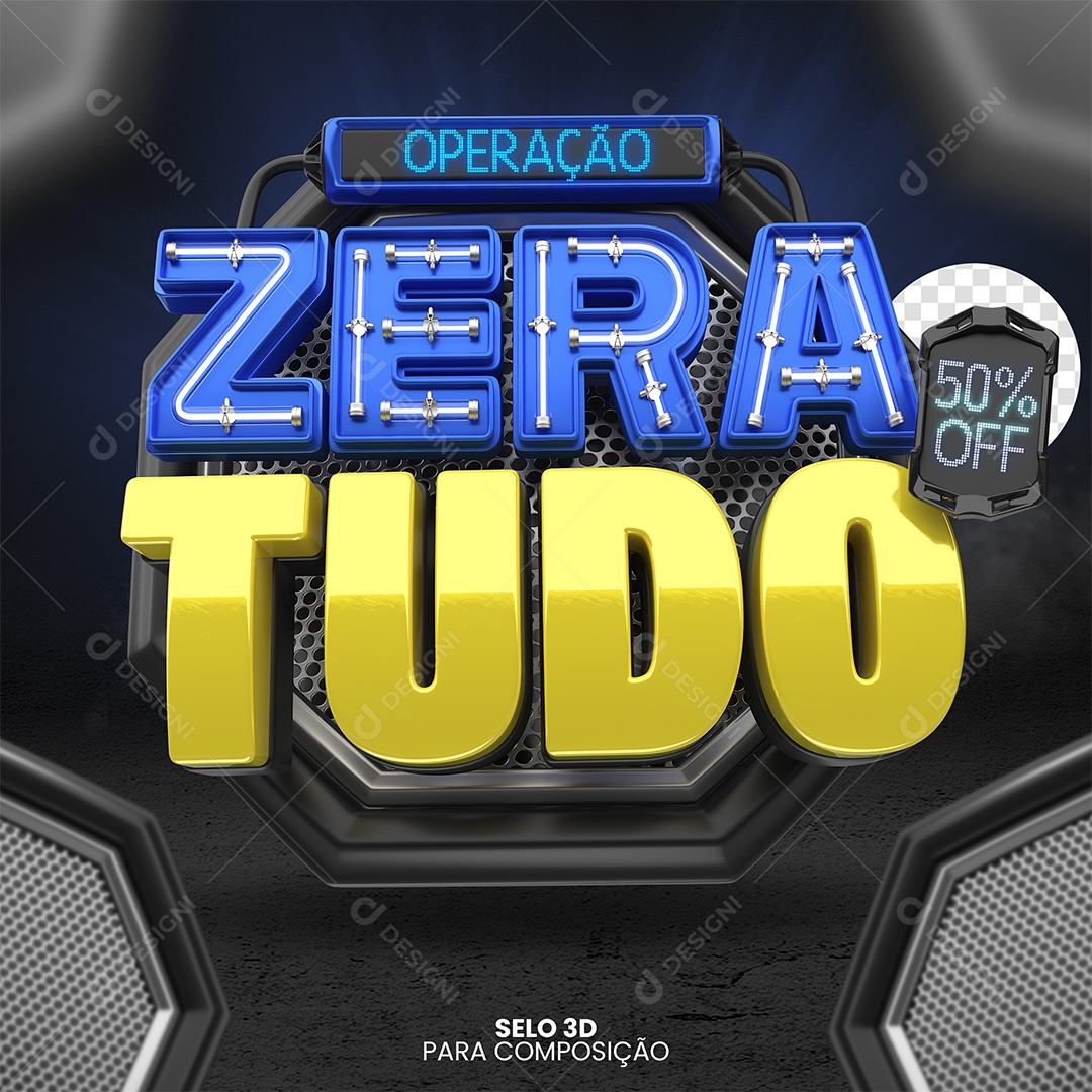 Operação Zera Tudo Selo 3D Azul e Amarelo para Composição PSD