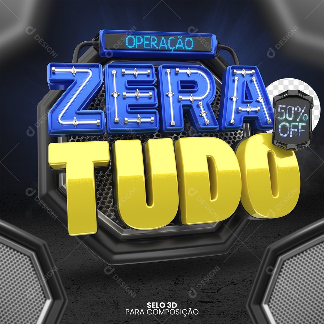 Operação Zera Tudo Selo 3D Azul e Amarelo para Composição PSD