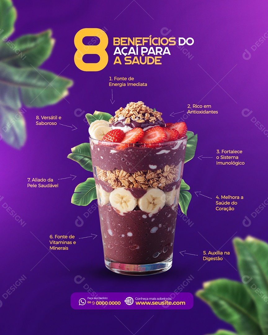 8 Benefícios do Açai Para a Saude Social Media PSD Editável