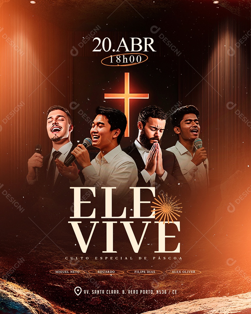 Flyer Gospel Ele Vive Culto Especial de Páscoa Social Media PSD Editável
