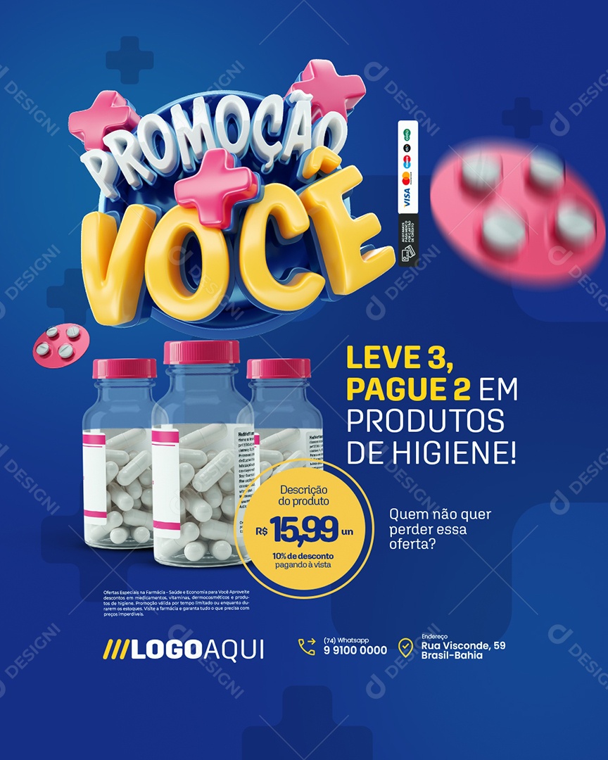 Promoção Mais Você Farmácia Leve Três Pague Dois Social Media PSD Editável