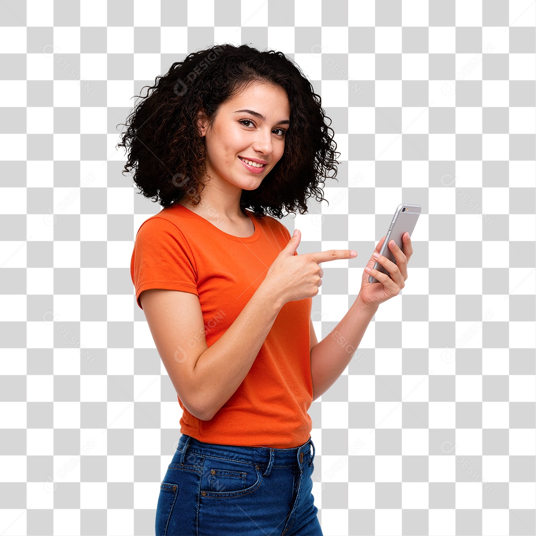 Mulher Apontando Celular PNG Transparente