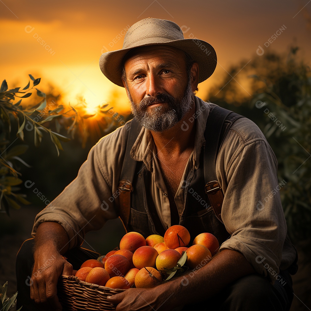 Retrato de um fazendeiro curtindo o tempo segurando uma cesta cheia de pêssegos