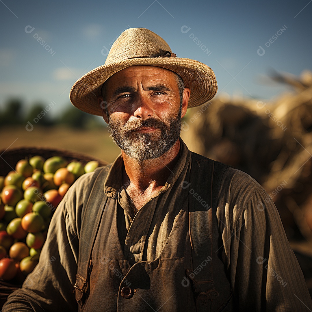 Agricultor com chapéu de palha segurando uma cesta de tomates frescos em um campo rural