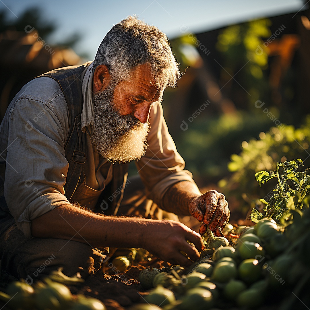 Agricultor colhendo vegetais frescos em um jardim ensolarado