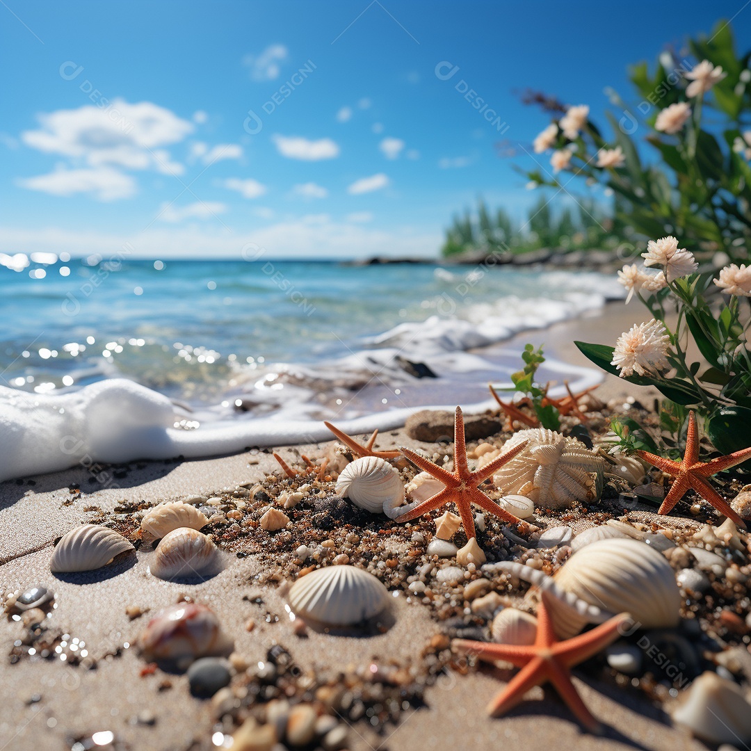 Conchas e estrelas do mar em uma praia ensolarada