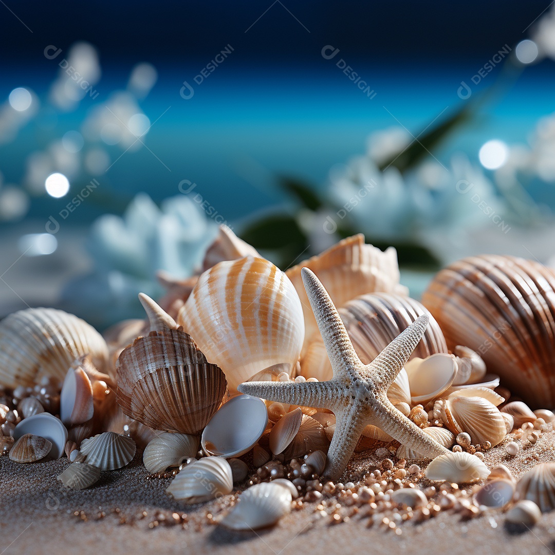 Conchas e estrelas do mar em uma praia de areia