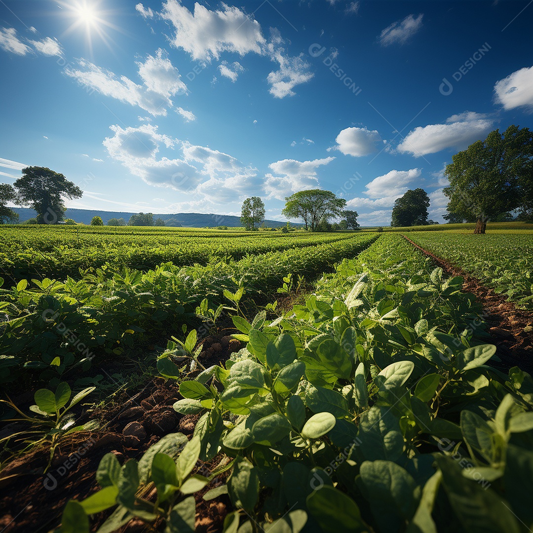 Campo agrícola verde sob um céu azul brilhante