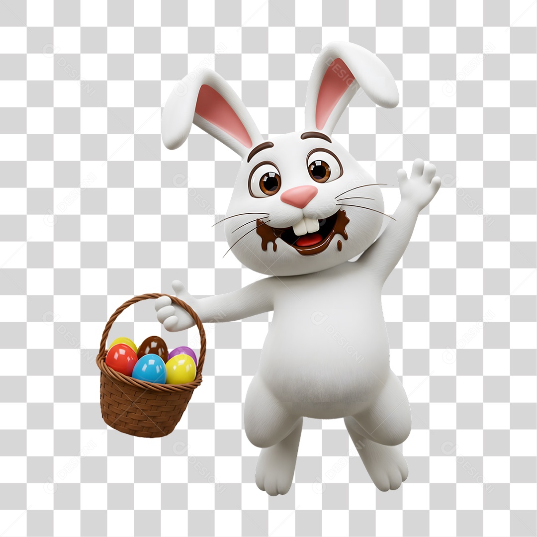 Coelho Feliz Segurando uma Cesta de Ovos de Páscoa PNG Transparente