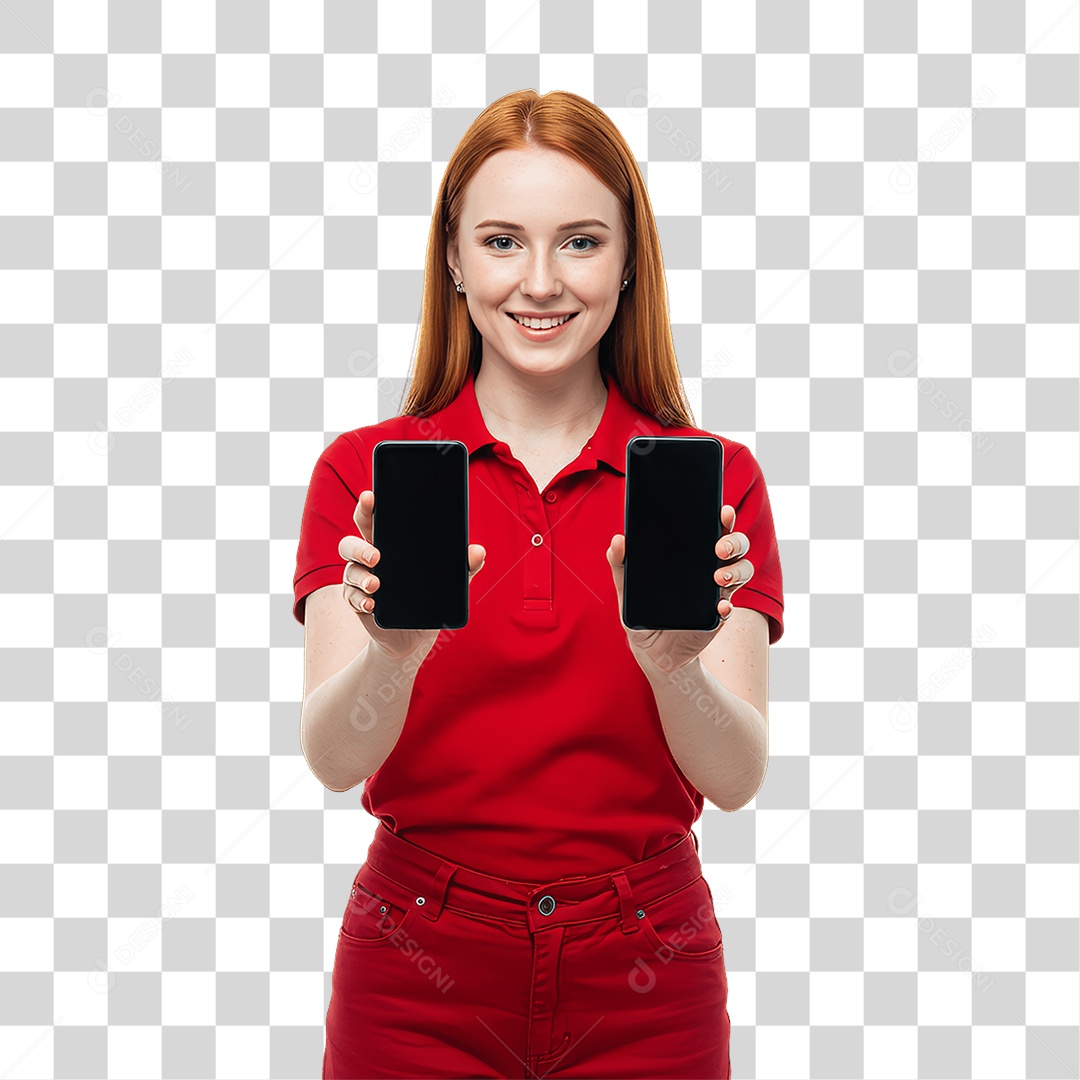 Jovem Mulher com Celular nas Mãos PNG Transparente
