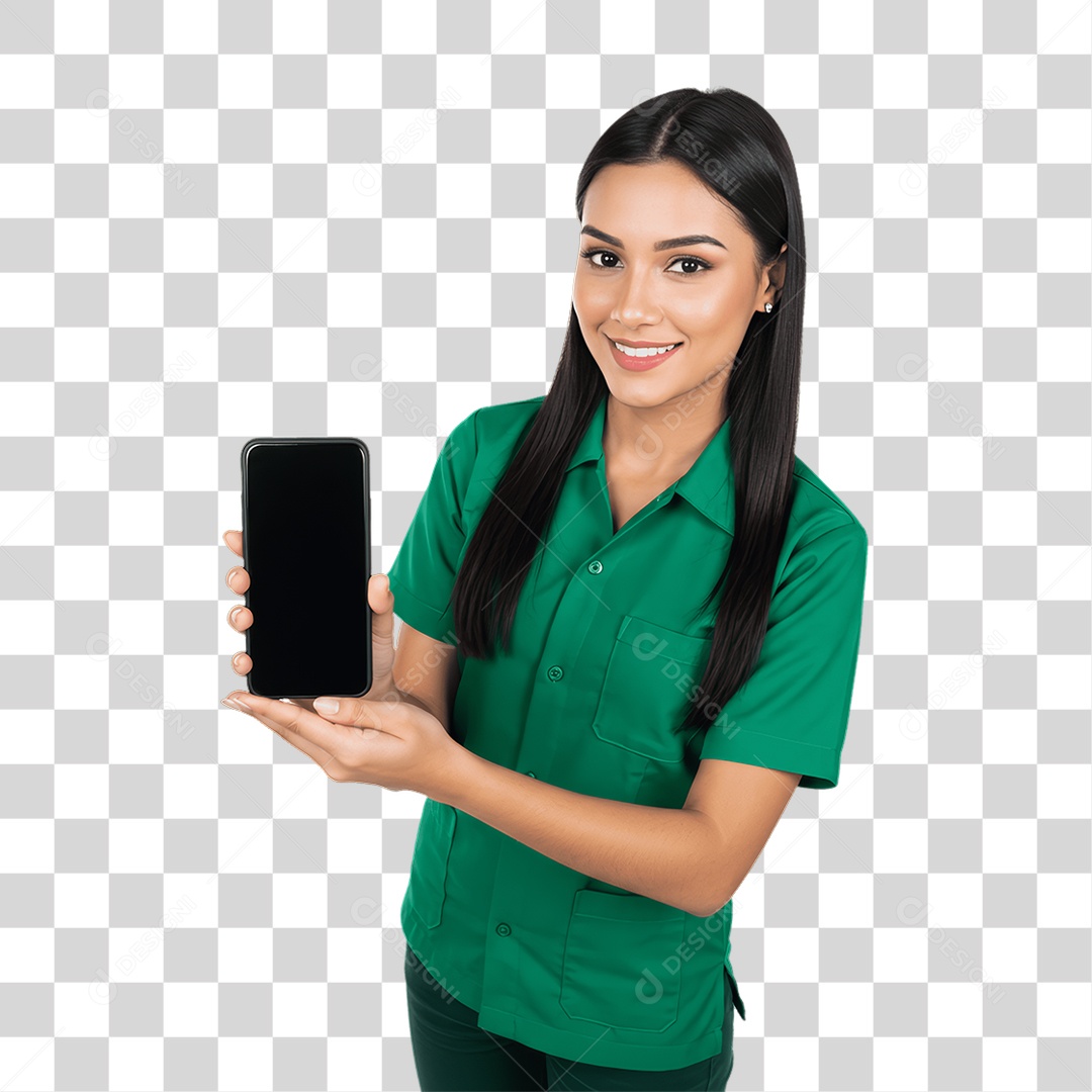 Jovem Mulher com Celular nas Mãos PNG Transparente