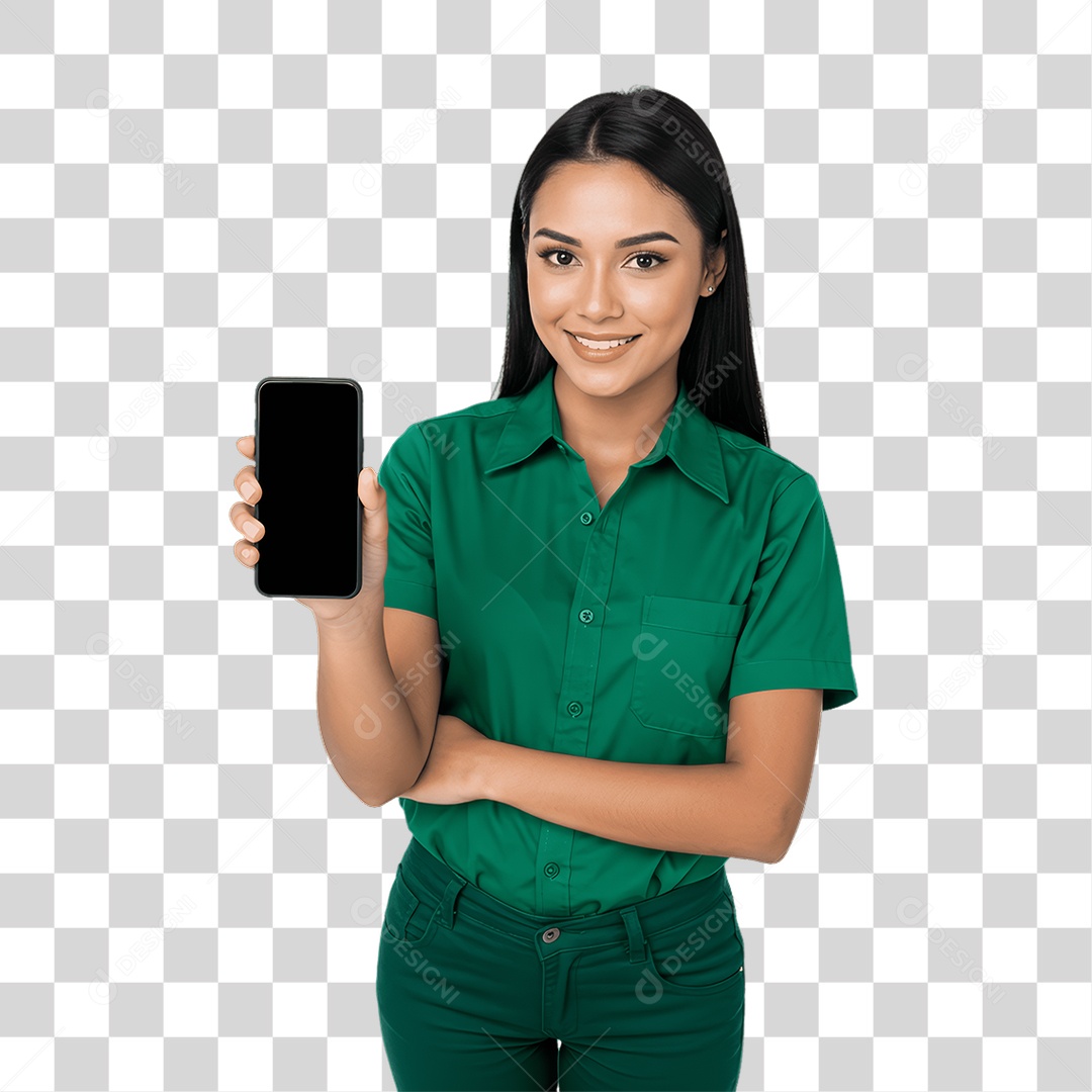 Jovem Mulher com Celular nas Mãos PNG Transparente
