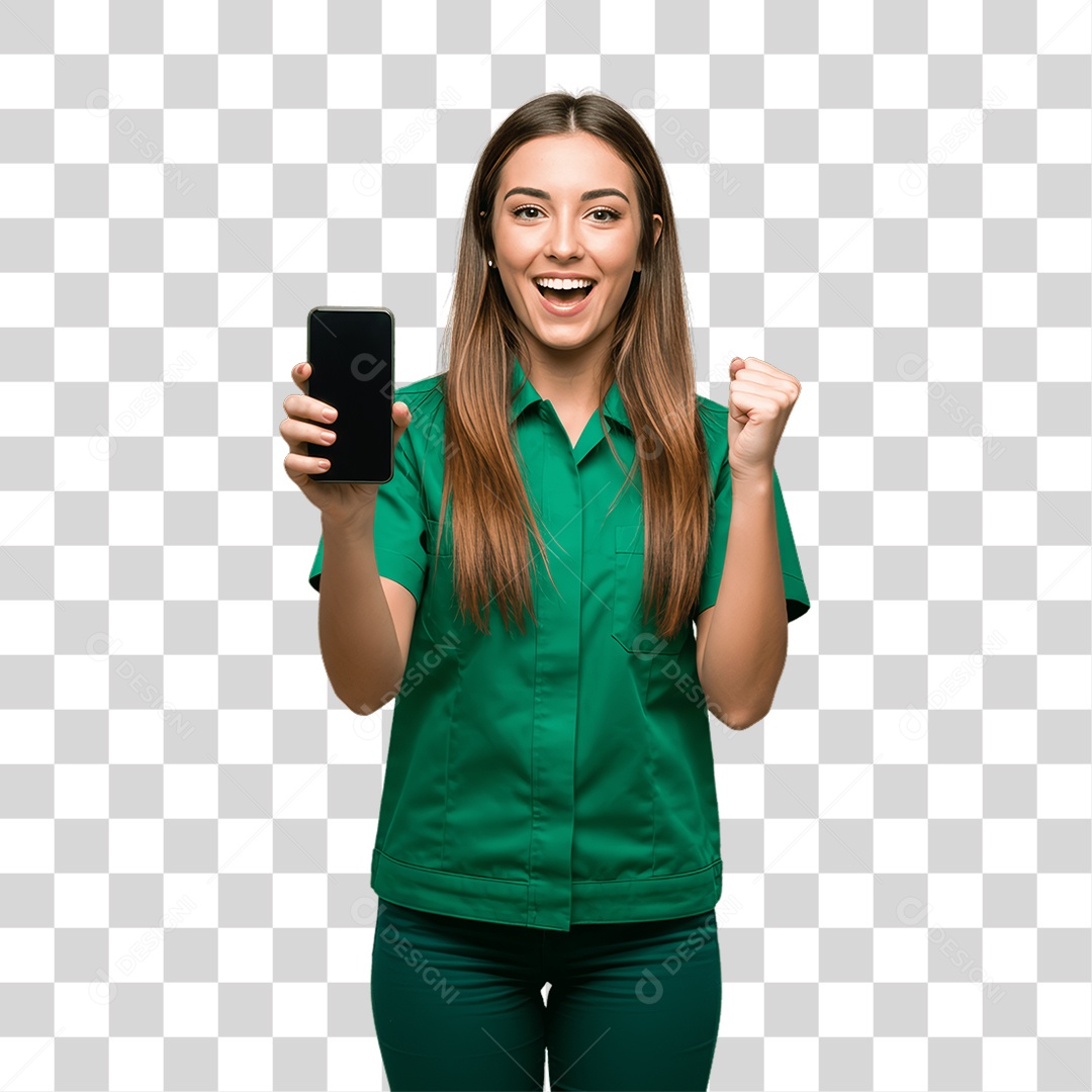 Jovem Mulher com Celular nas Mãos PNG Transparente