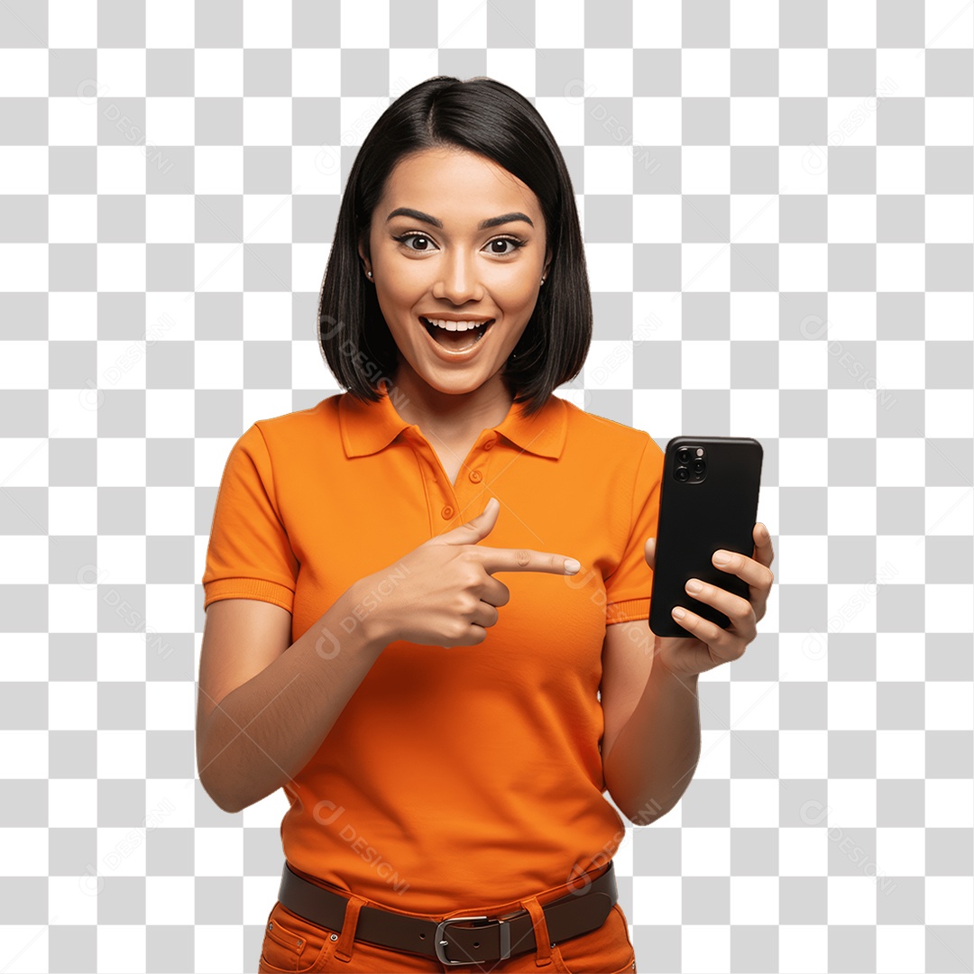 Jovem Mulher com Celular nas Mãos PNG Transparente