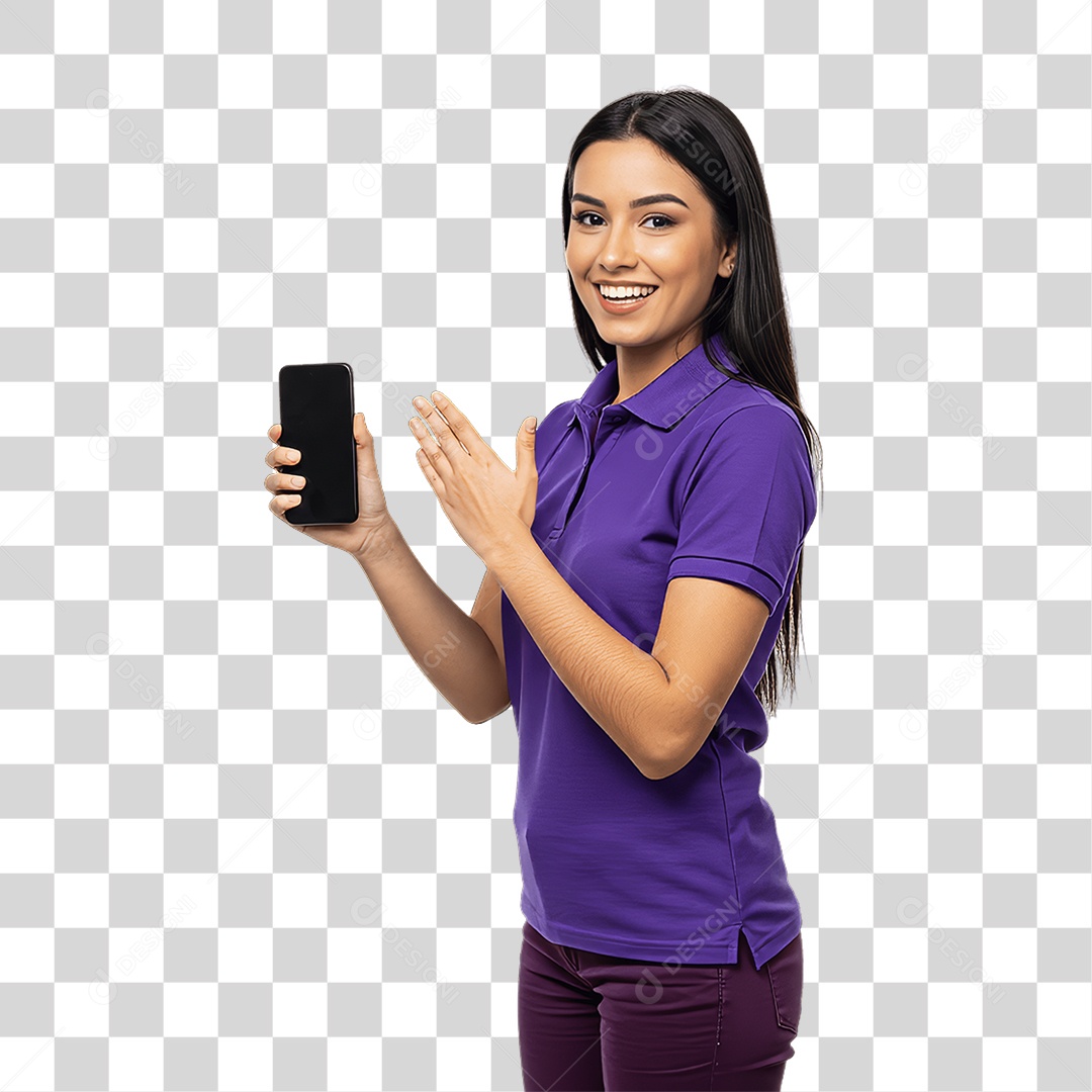Jovem Mulher com Celular nas Mãos PNG Transparente