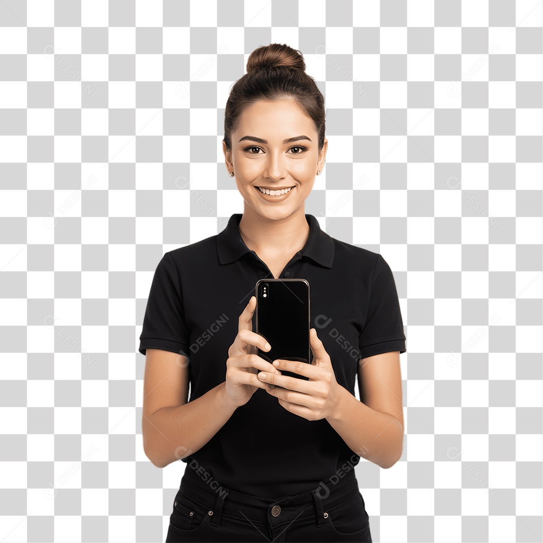 Jovem Mulher com Celular nas Mãos PNG Transparente