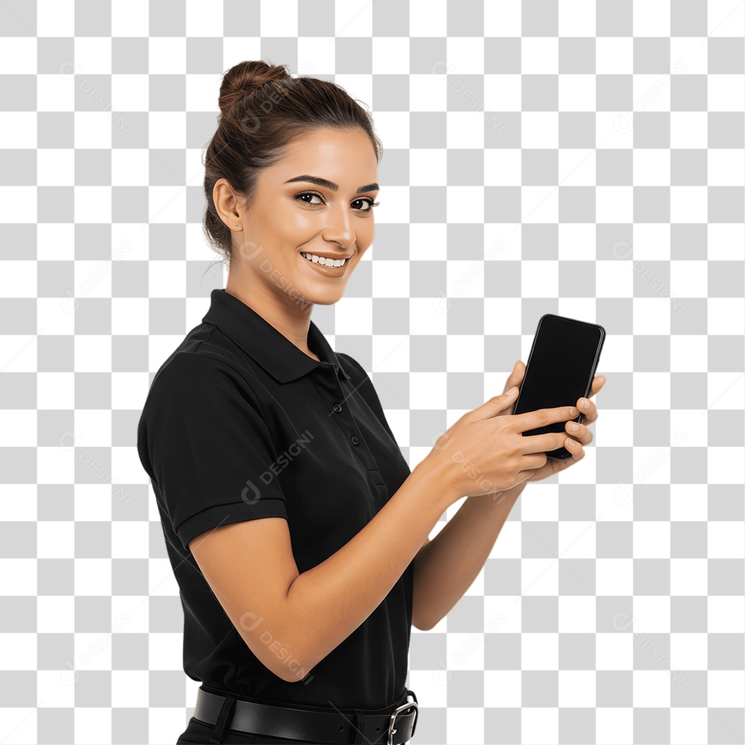 Jovem Mulher com Celular nas Mãos PNG Transparente
