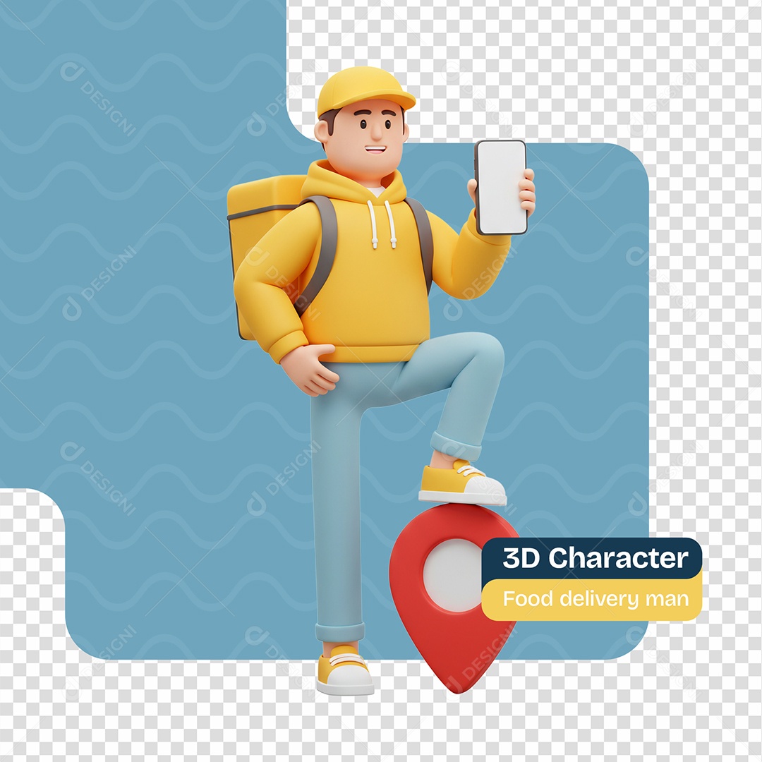 Personagem 3D Entregador Segurando Celular Para Composição PSD Editável