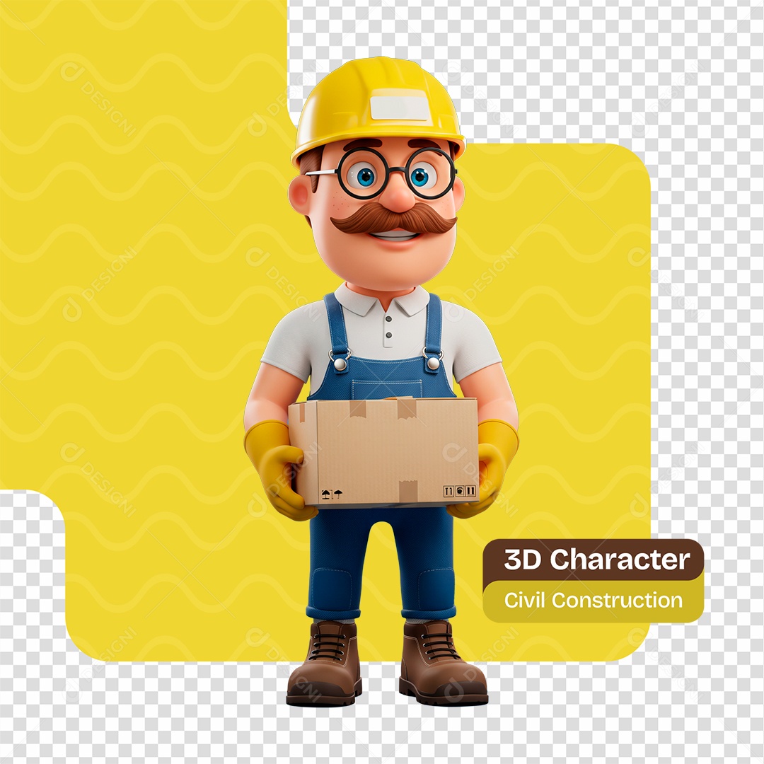 Personagem 3D Construtor Carregando Caixa Para Composição PSD Editável