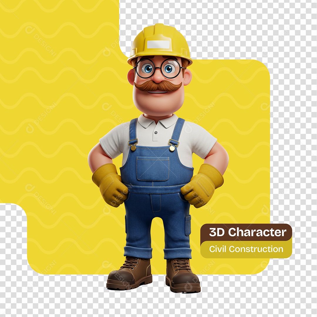 Personagem 3D Construtor Sorridente Com As Mãos Na Cintura Para Composição PSD Editável