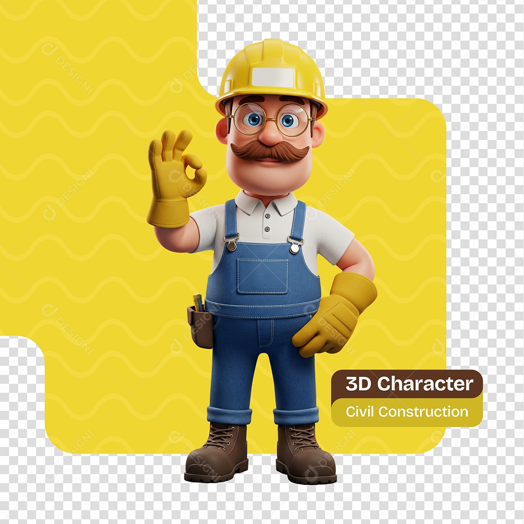 Personagem 3D Construtor Fazendo Sinal coma Mão Para Composição PSD Editável