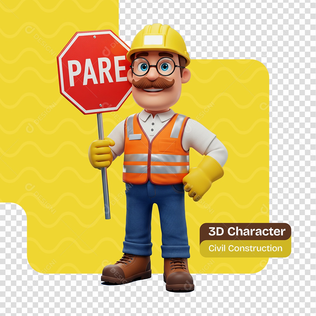 Personagem 3D Construtor Segurando Placa de Pare Trânsito Composição PSD Editável
